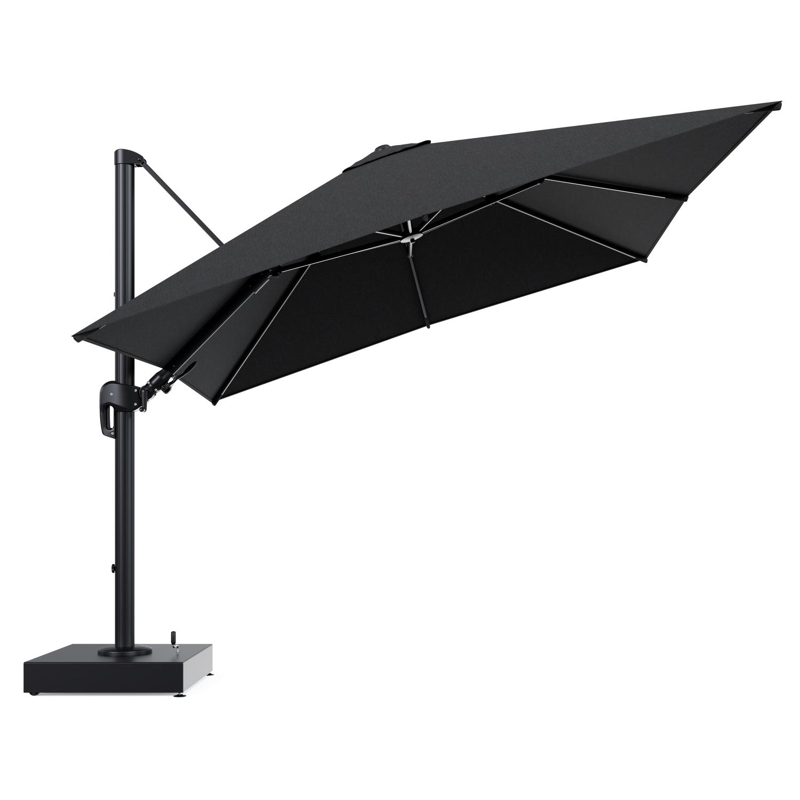 Rufina zweefparasol met tiltfunctie in zwart aluminium en Chartres Sooty All Weather Sunbrella® Luxe parasoldoek - L1 300 x L2 300 cm met parasolvoet Minore 150 kg met wielen