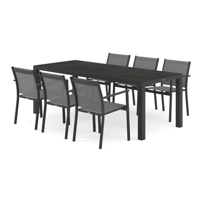 Varese tuinset in zwart aluminium en zwart volkeramiek tafelblad met 4 tot 6 stapelbare Bareto tuinstoelen