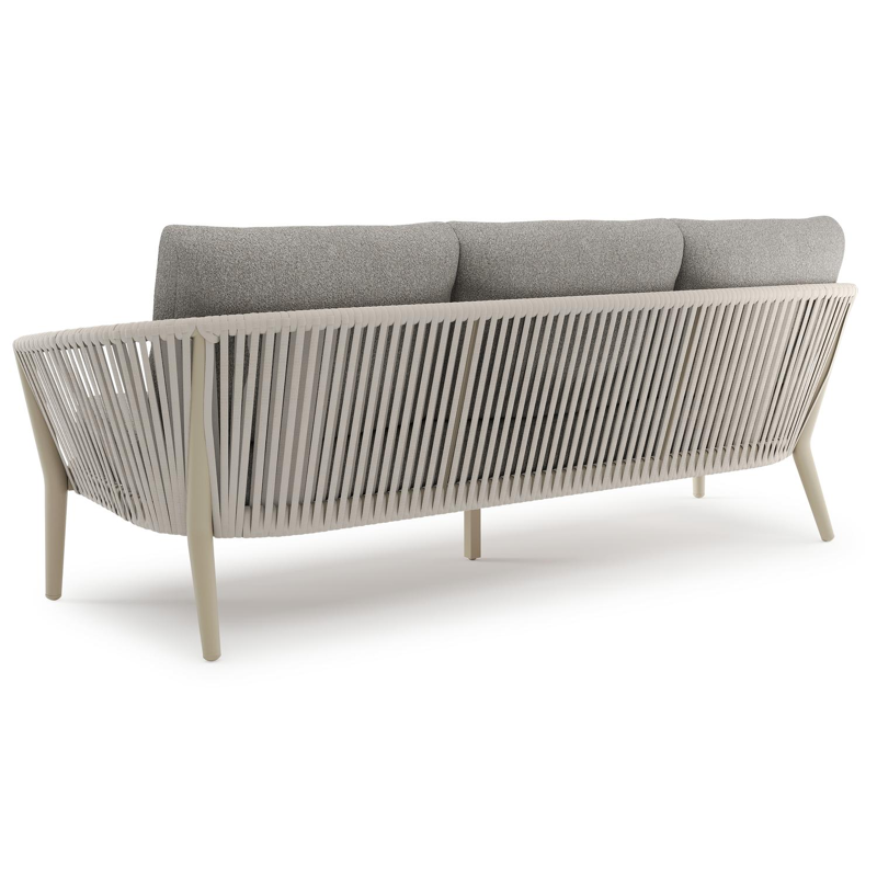 Orso loungeset in beige aluminium en beige verticaal geweven ronde rope met Tundra Charcoal all weather sunbrella® luxe kussen