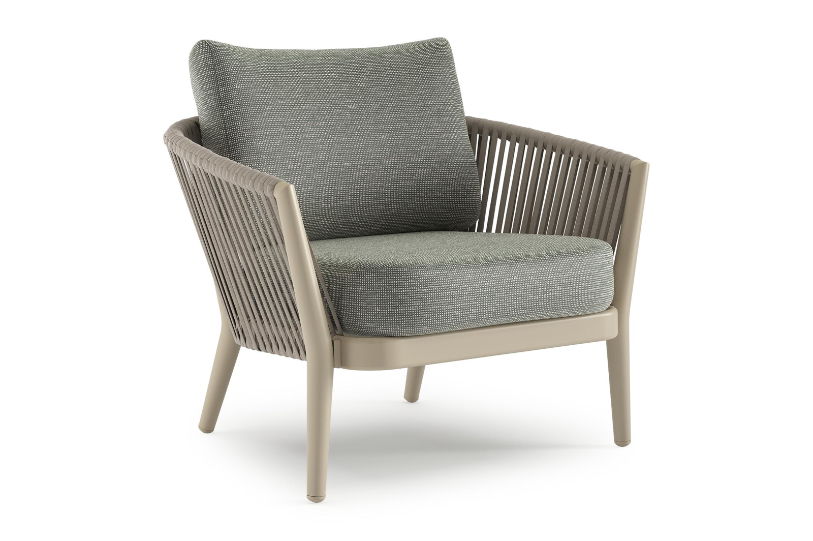 Orso loungestoel in beige aluminium en beige verticaal geweven ronde rope met Slow Fern all weather sunbrella® luxe kussen