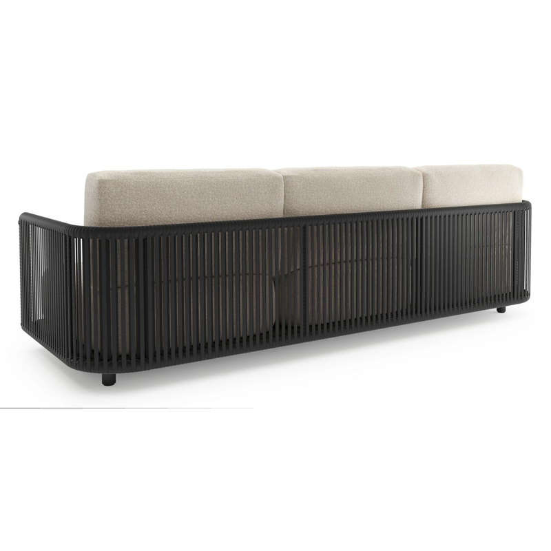 Organo loungebank in zwart aluminium en zwart verticaal geweven luxe vlakke rope met marbella ecru all weather Cosytica kussen