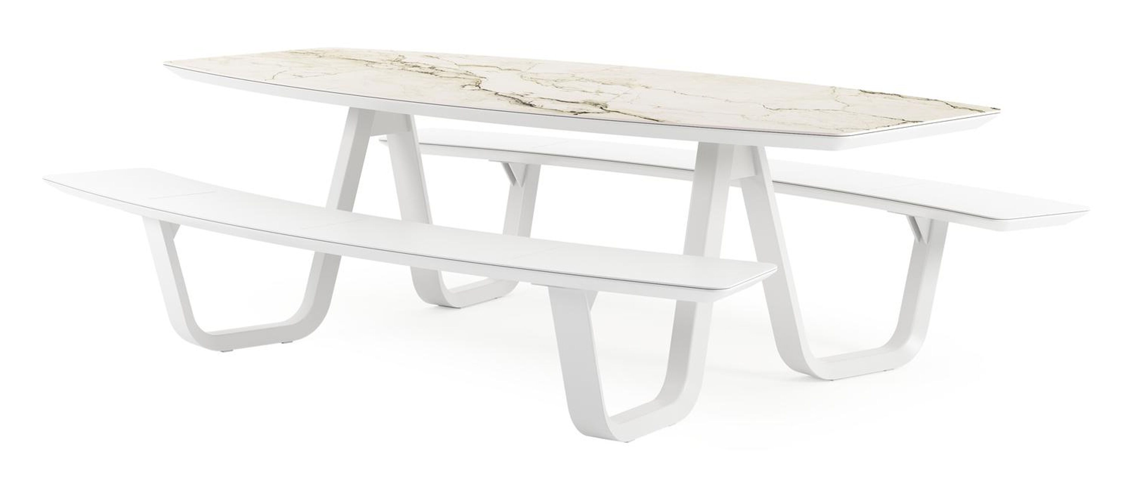 Table de pique-nique Forno forme de bateau en aluminium blanc et céramique pleine Colorado Dunes - Lg. 240 x Lrg. 181 x Haut. 72 cm
