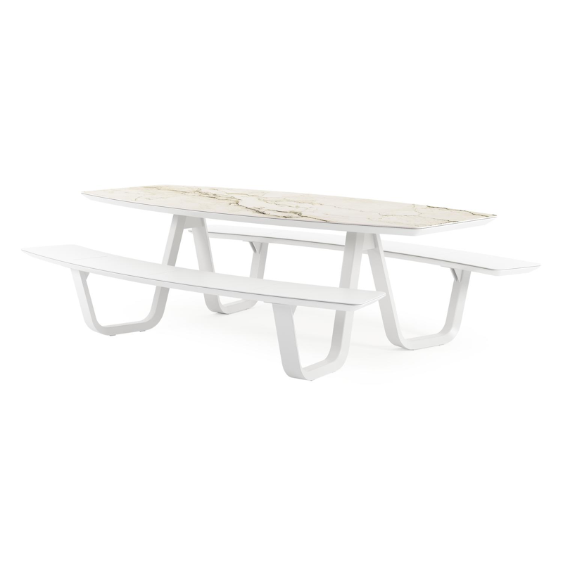 Table de pique-nique Forno forme de bateau en aluminium blanc et céramique pleine Colorado Dunes - Lg. 240 x Lrg. 181 x Haut. 72 cm