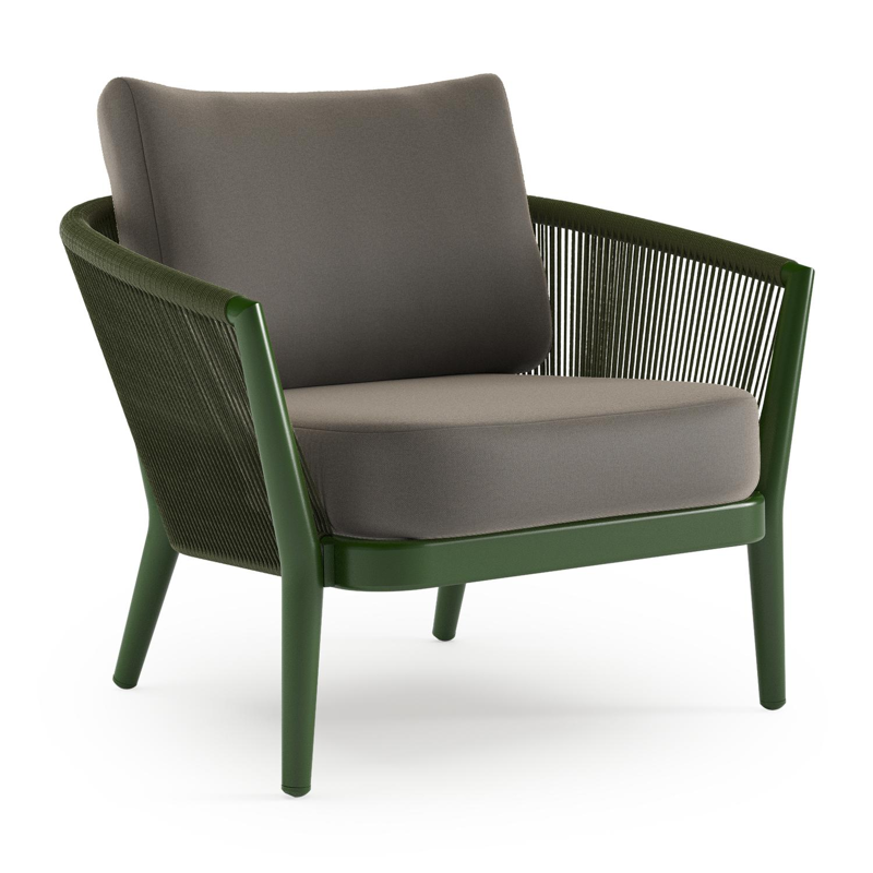 Orso loungestoel in groen aluminium en groen verticaal geweven ronde rope met Natte Carbon Beige all weather sunbrella® luxe kussen