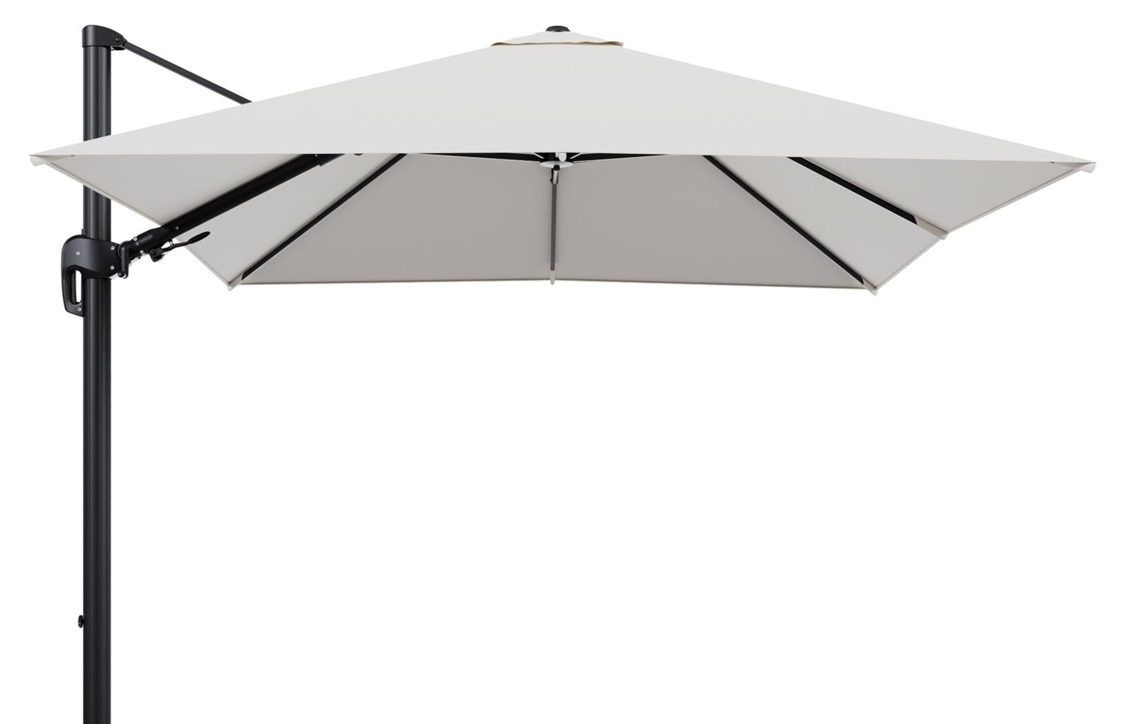 Rufina zweefparasol tiltfunctie in zwart aluminium en parasoldoek in All Weather Sunbrella® Luxe Savane White  - L1 300 x L2 300 cm (zonder voet)