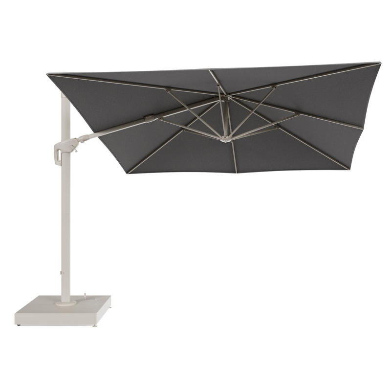 Minore zweefparasol met tiltfunctie in beige aluminium en Chartres Drizzle All Weather Sunbrella® Luxe parasoldoek - L1: 350 x L2: 350 cm met parasolvoet Minore 260 kg met wielen