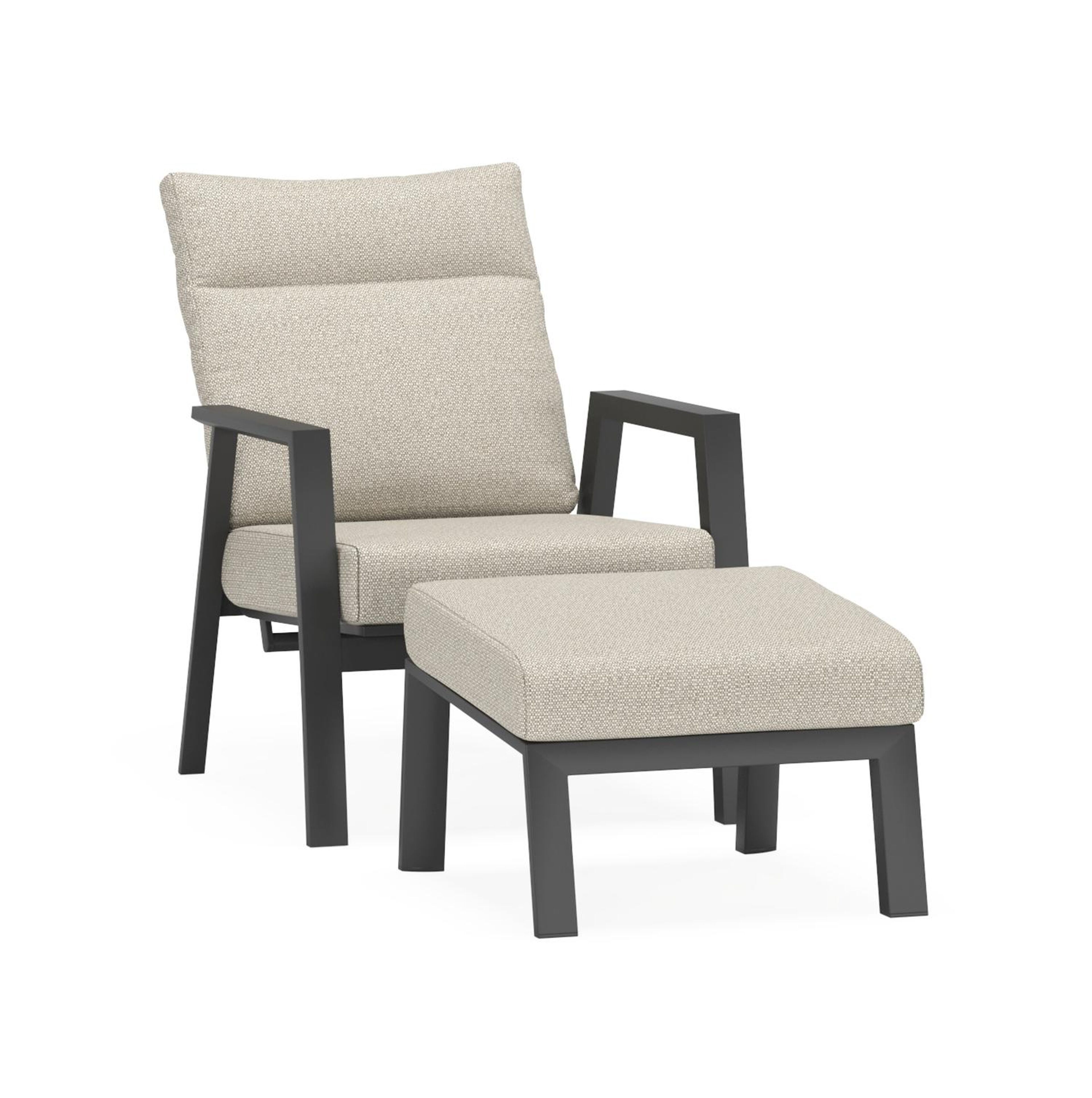 Avila loungestoel 1-zit + poef in zwart aluminium met twilight granite weather+ softtouch kussen