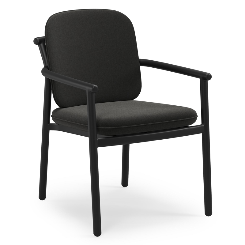 Bono stapelbare tuinstoel in zwart aluminium met stoelkussen in All Weather Sunbrella® Luxe Natte Sooty