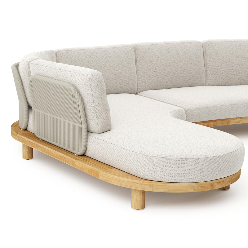 Donato loungehoek in teak en beige verticaal geweven ronde rope met all weather solica Firenze Natural kussen