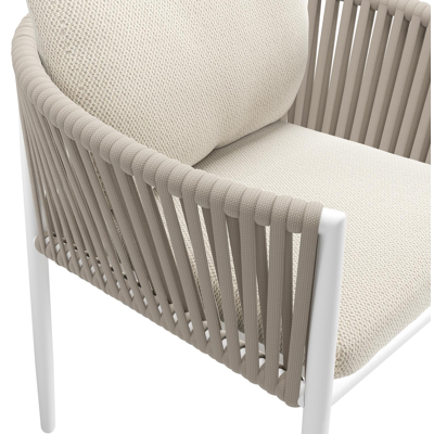 Chaise de jardin Organo en aluminium blanc et corde luxe plate tissée verticalement beige avec coussin en lopi marble all weather sunbrella® luxe