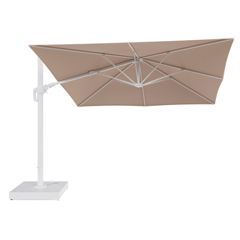 Minore zweefparasol met tiltfunctie in wit aluminium en Natte Linen Chalk All Weather Sunbrella® Luxe parasoldoek - L1 350 x L2: 350 cm met parasolvoet Minore 260 kg met wielen