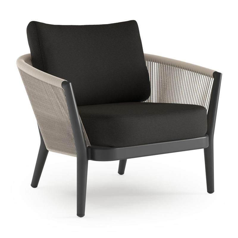 Orso loungestoel in zwart aluminium en beige verticaal geweven ronde rope met Heritage Char all weather sunbrella® luxe kussen