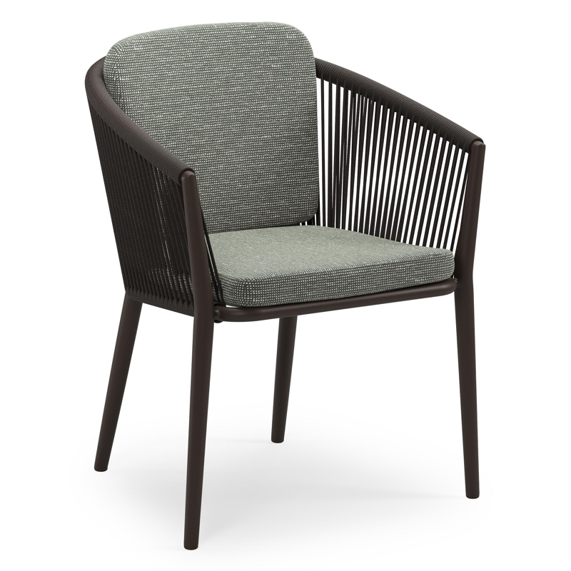 Chaise de jardin empilable Orso en aluminium brun foncé et corde ronde tissée verticalement brun foncé avec coussin en All Weather Sunbrella® Luxe Slow Fern