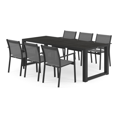 Livo tuinset in zwart aluminium en zwart volkeramiek tafelblad met 6 stapelbare Bareto tuinstoelen