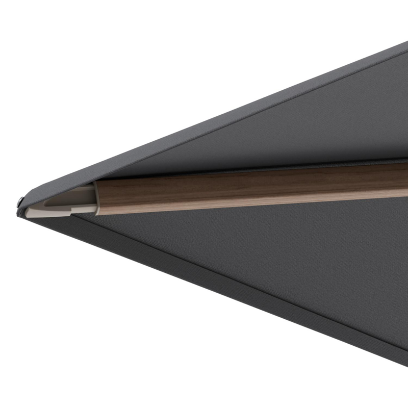 Minore zweefparasol met tiltfunctie in houtlook aluminium en Natte Charcoal Chine All Weather Sunbrella® Luxe parasoldoek - L1: 400 x L2: 300 cm met parasolvoet Minore 260 kg met wielen