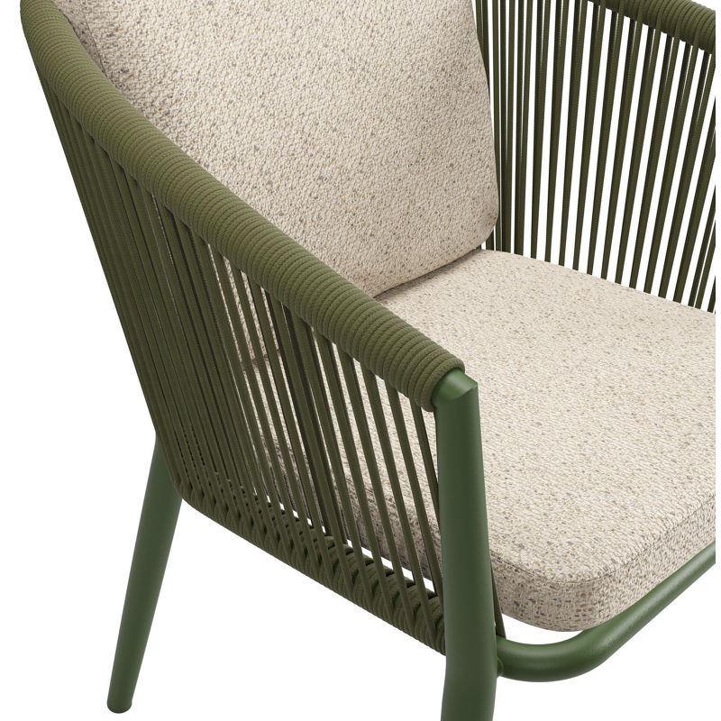 Orso tuinstoel in groen aluminium en groen verticaal geweven ronde rope met luxe zitkussen in All Weather Cosytica Bora Desert