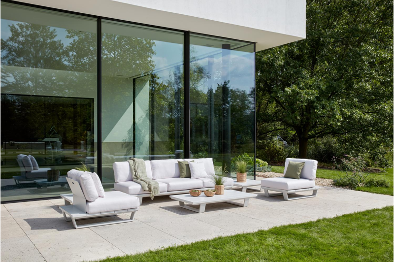 Pagino loungebank in wit aluminium met natte heather grey all weather sunbrella® luxe kussen