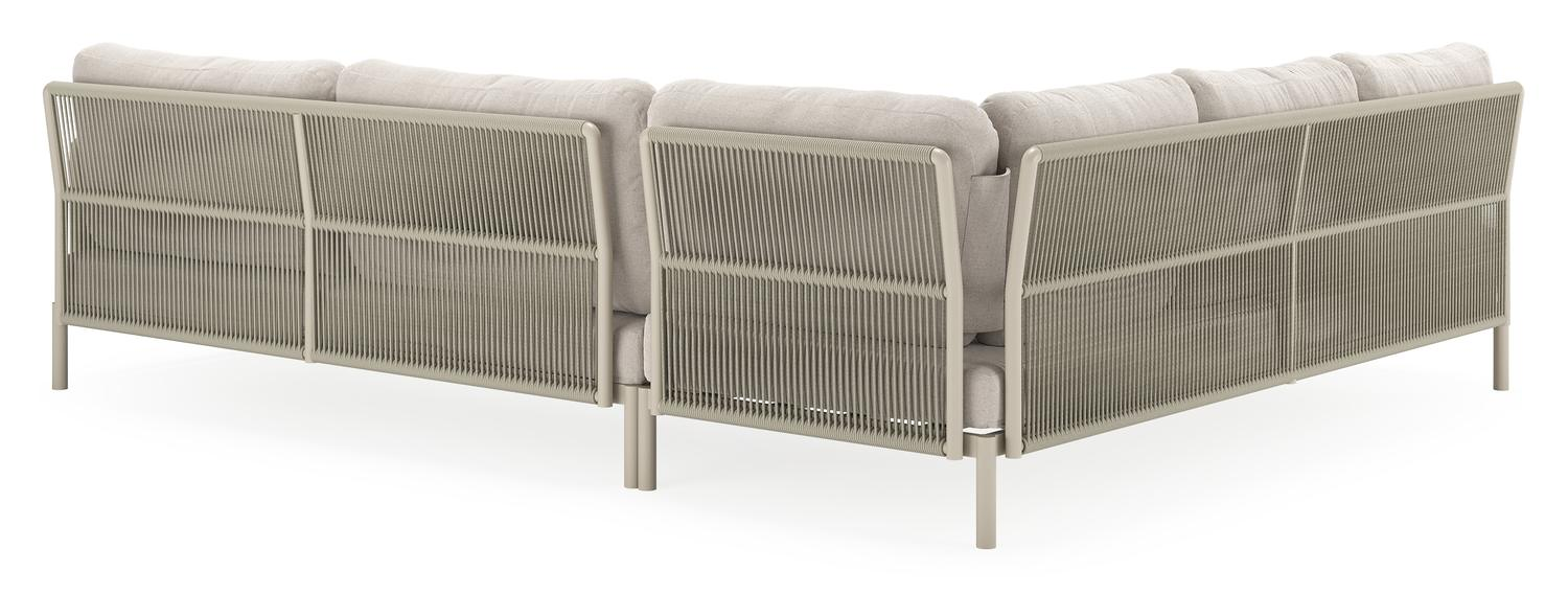 Amarante loungehoek in beige aluminium en beige verticaal geweven ronde rope met beige weather+ softtouch kussens