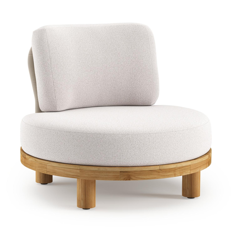Donato loungestoel in teak en beige verticaal geweven ronde rope met all weather solica Ego Eggshell kussen