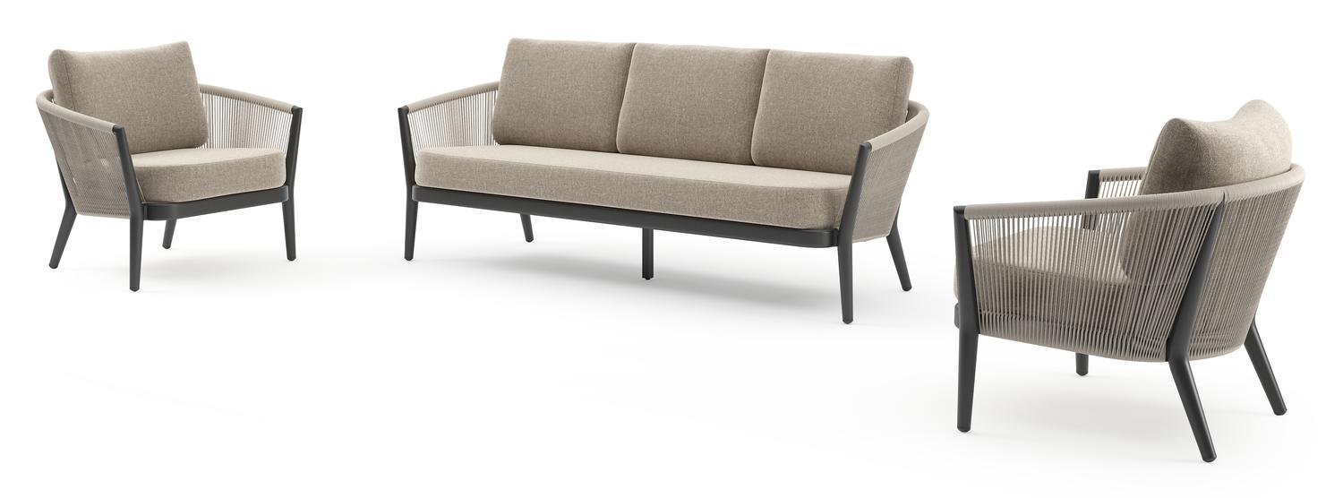 Salon de jardin Orso en aluminium noir en corde ronde tissée verticalement beige et coussins en all weather sunbrella® luxe Chartres Pewter