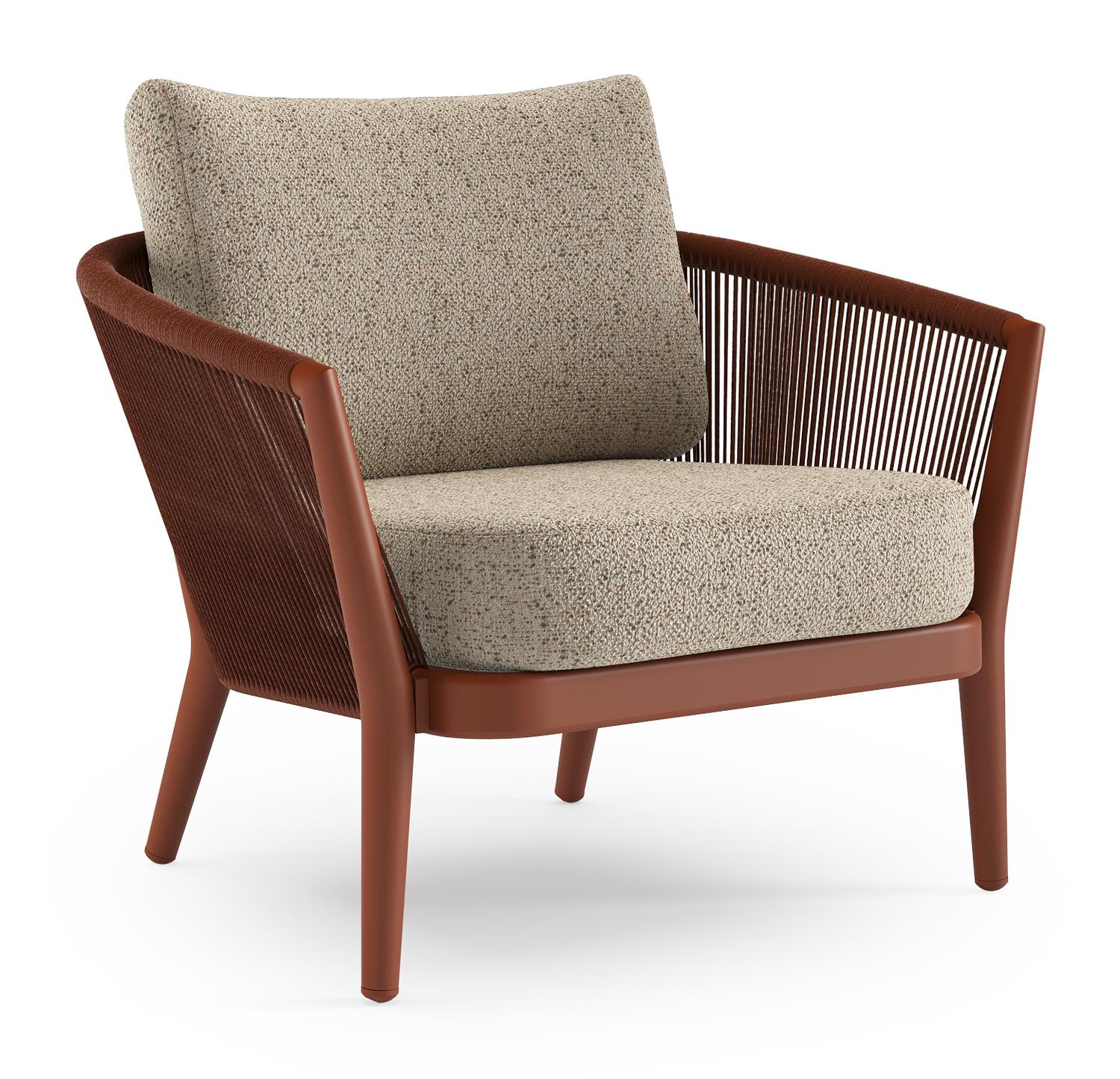 Orso loungestoel in roestbruin aluminium en roestbruin verticaal geweven ronde rope met Bora Jungle all weather cosytica kussen