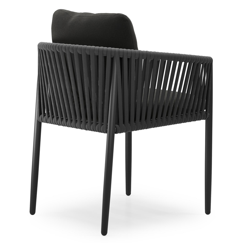 Organo tuinstoel in zwart aluminium en zwart verticaal geweven luxe vlakke rope met zitkussen in All Weather Sunbrella® Luxe Natte Sooty