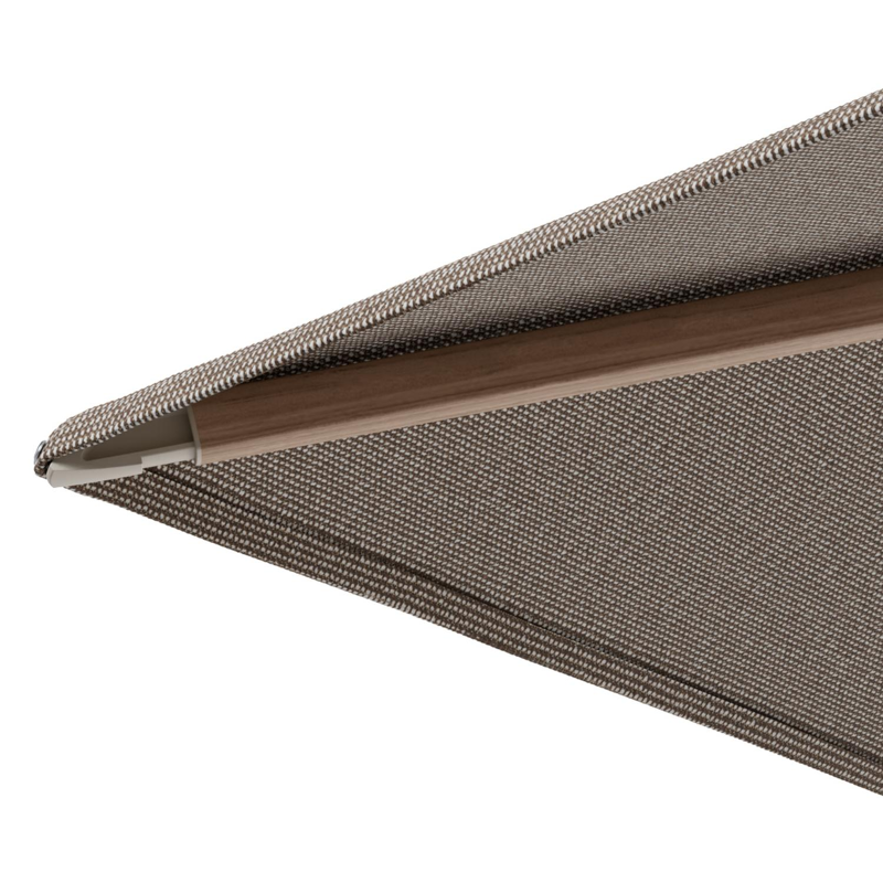 Minore zweefparasol met tiltfunctie in houtlook aluminium en Firenze Earth All Weather Solica parasoldoek - L1 350 x L2 350 cm met parasolvoet Minore 260 kg met wielen