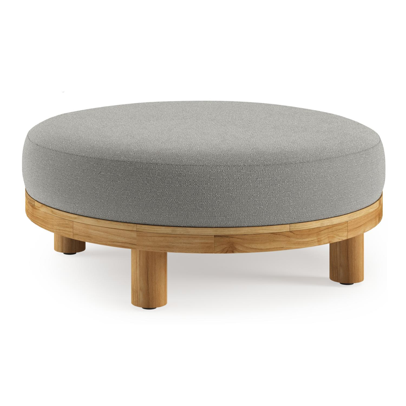 Donato lounge poef in teak en beige verticaal geweven ronde rope met all weather sunbrella® luxe Savane Zinc kussen