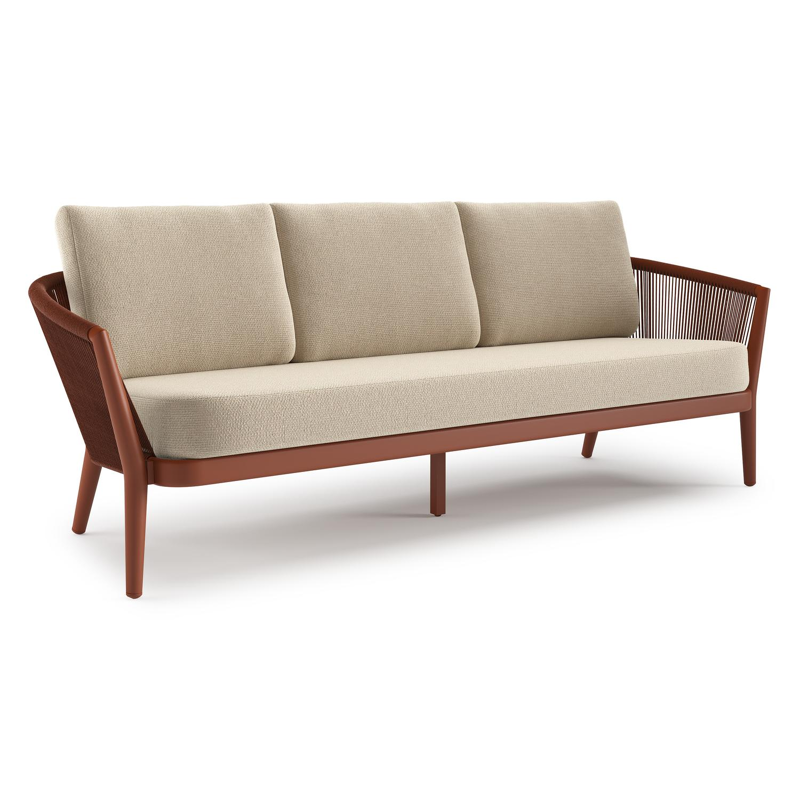 Orso loungebank in roestbruin aluminium en roestbruin verticaal geweven ronde rope met Althea Chalk all weather cosytica kussen