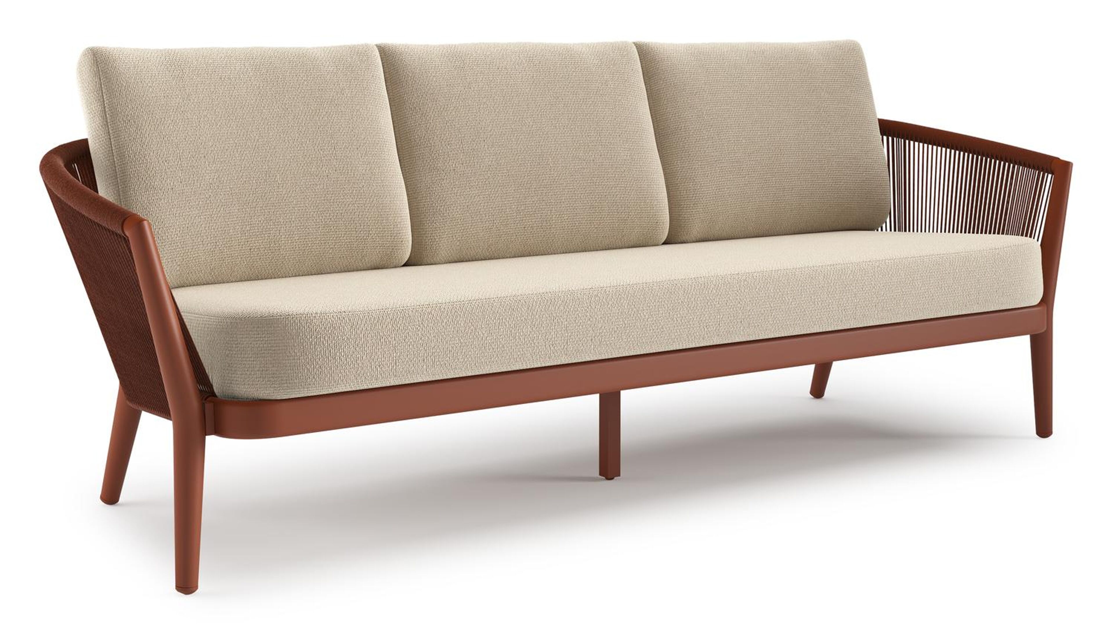 Orso loungebank in roestbruin aluminium en roestbruin verticaal geweven ronde rope met Althea Chalk all weather cosytica kussen