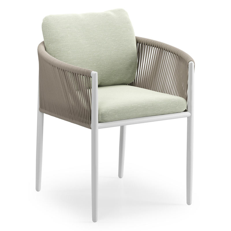 Organo tuinstoel in beige aluminium en beige verticaal geweven ronde rope met stoelkussen in All Weather Sunbrella® Luxe Slow Spirea