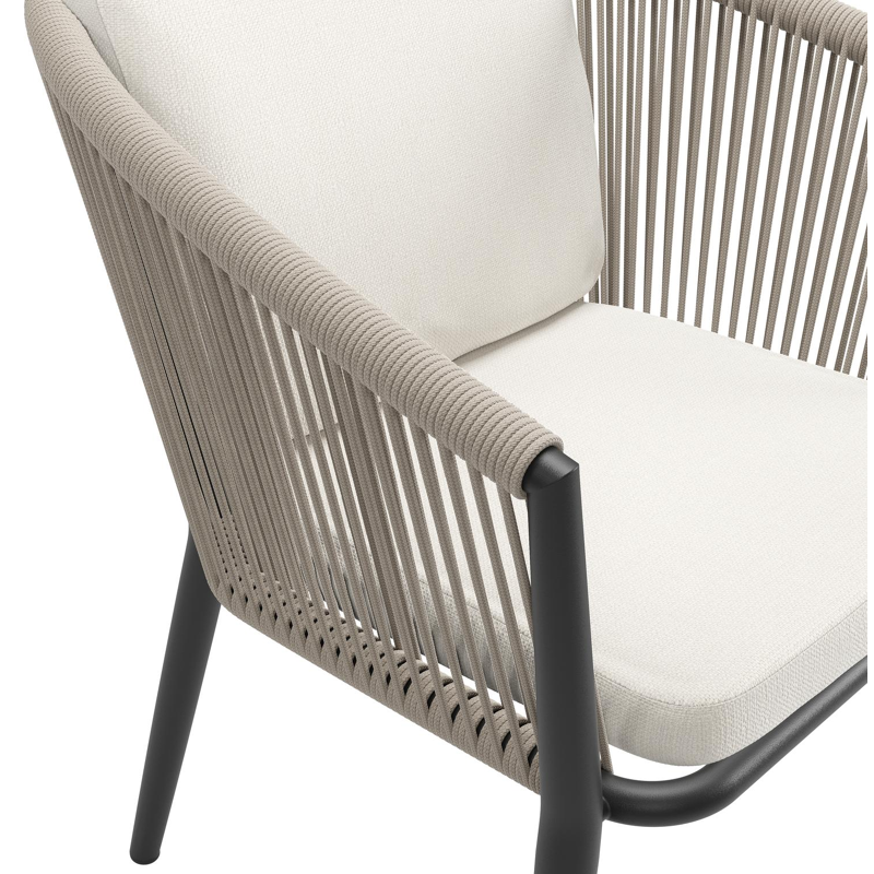 Orso tuinstoel in zwart aluminium en beige verticaal geweven ronde rope met luxe zitkussen in All Weather Sunbrella® Luxe Savane White