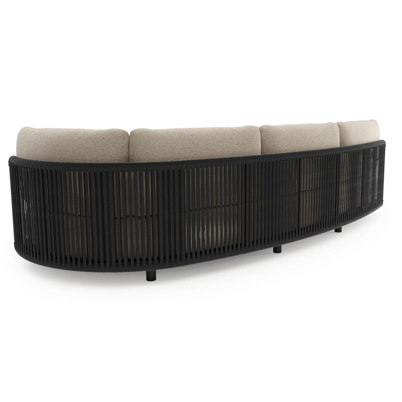 Lomano loungebank in zwart aluminium en zwart verticaal geweven luxe vlakke rope met marbella beige all weather cosytica kussen