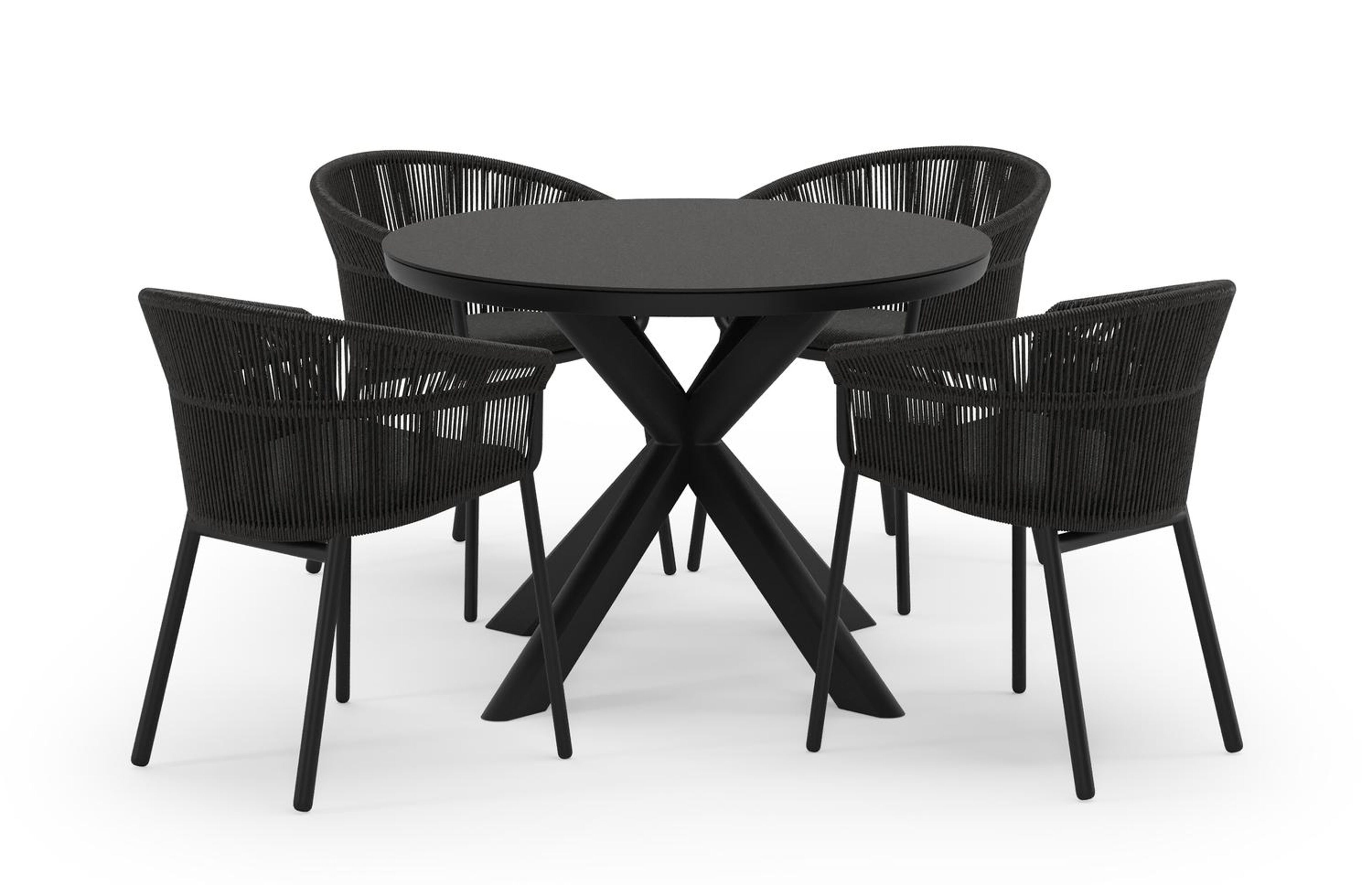 Pamplona ronde tuinset in zwart aluminium en sintered stone notte minerale met 4 Matera tuinstoelen