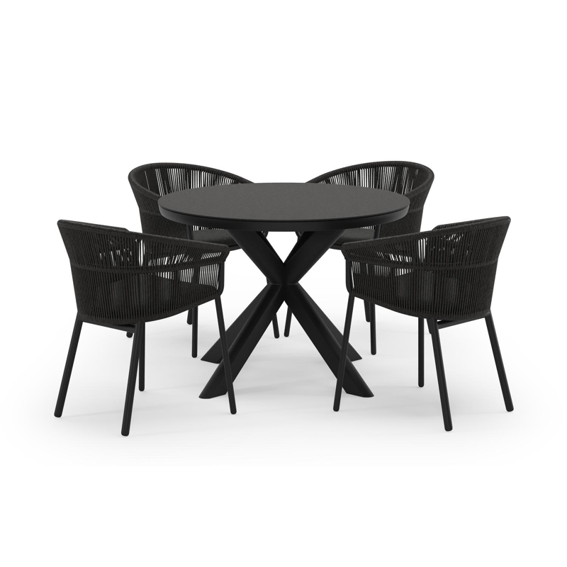 Pamplona ronde tuinset in zwart aluminium en sintered stone notte minerale met 4 Matera tuinstoelen