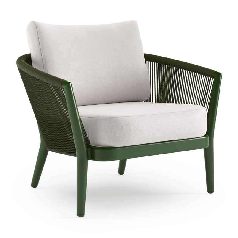 Orso loungestoel in groen aluminium en groen verticaal geweven ronde rope met Savane Whisper all weather sunbrella® luxe kussen