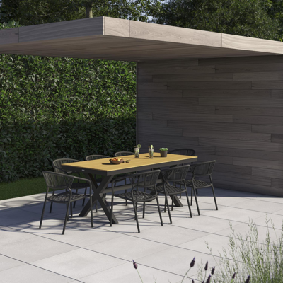 Bahia tuinset in zwart aluminium en naturel polywood tafelblad met 8 stapelbare Vigo tuinstoelen