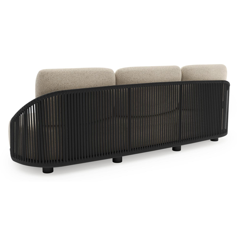 Canapé de jardin Vadelo en aluminium noir et corde ronde tissée verticalement noir et coussins en all weather cosytica bora desert