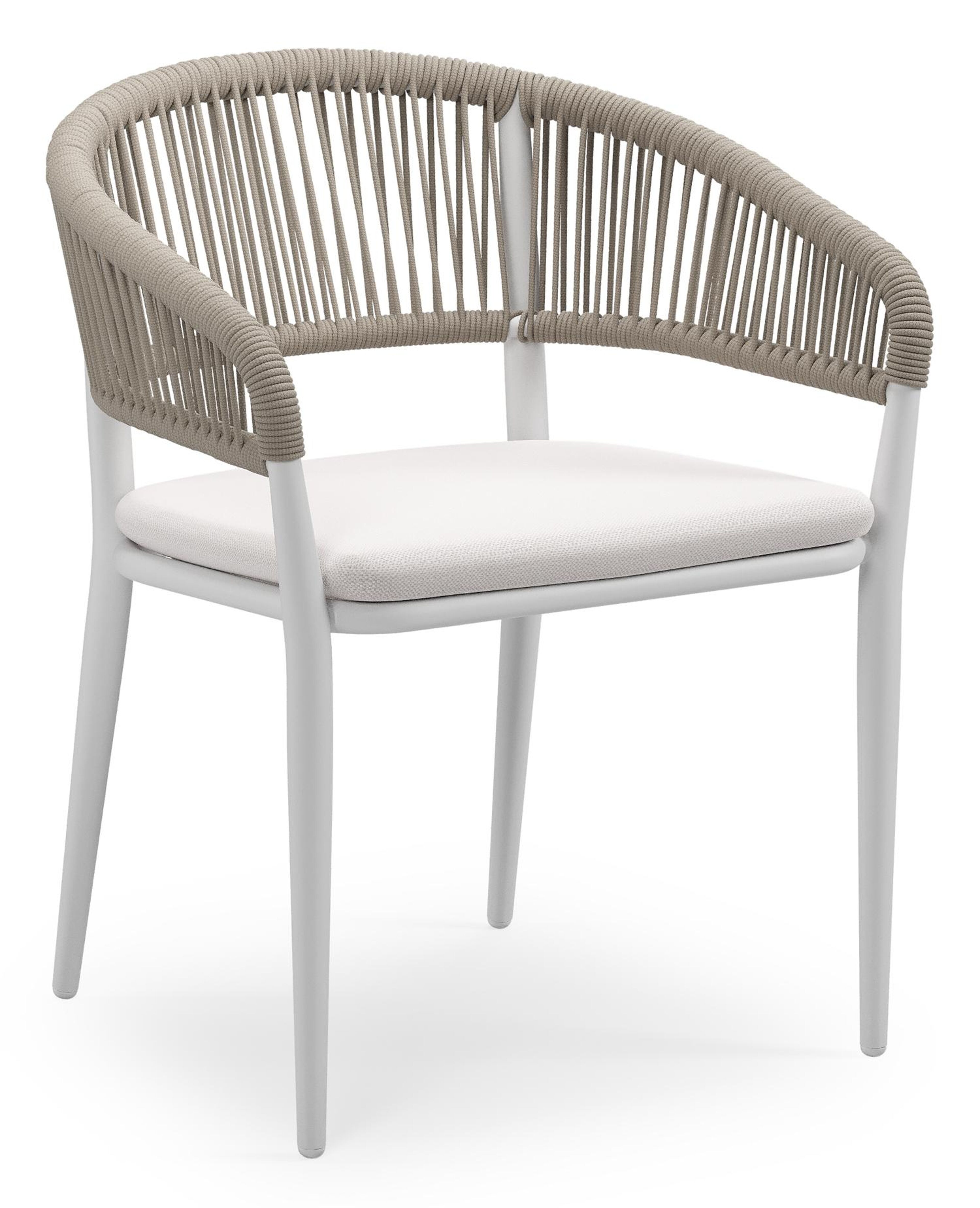 Tolfa stapelbare tuinstoel in wit aluminium en beige verticaal geweven ronde rope met stoelkussen in All Weather Sunbrella® Luxe Savane Whisper