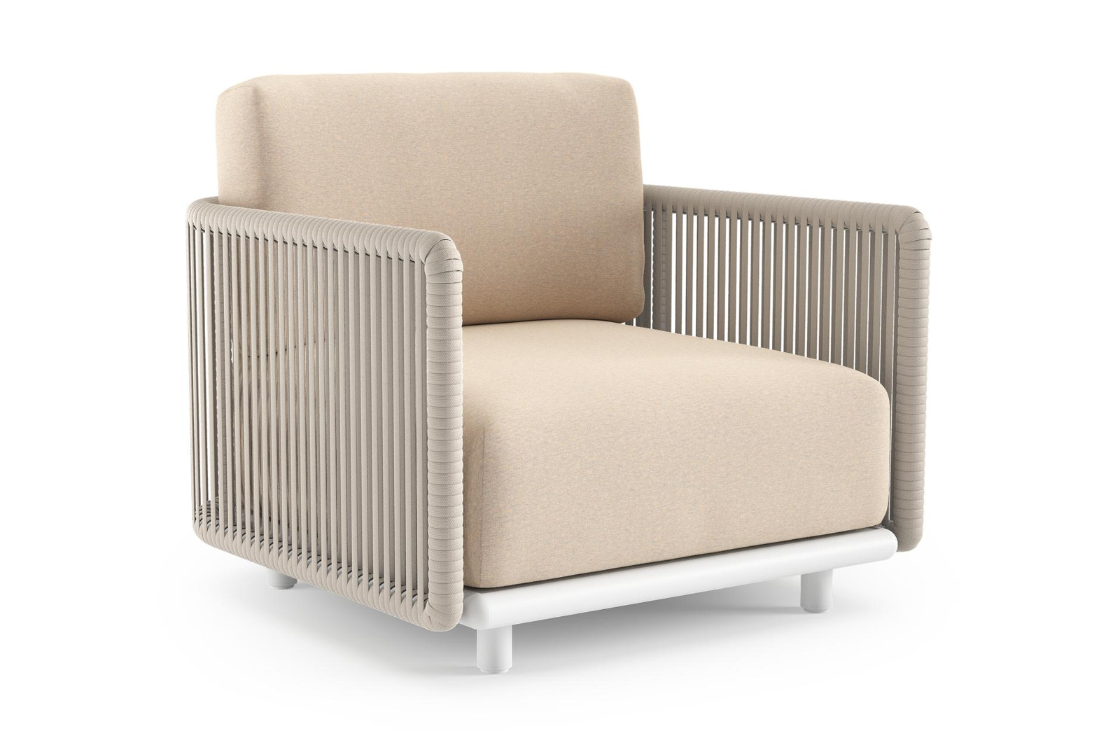 Organo loungestoel in wit aluminium en beige verticaal geweven luxe vlakke rope met heritage papyrus all weather Sunbrella® luxe kussen