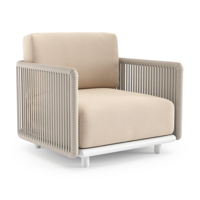 Organo loungestoel in wit aluminium en beige verticaal geweven luxe vlakke rope met heritage papyrus all weather Sunbrella® luxe kussen