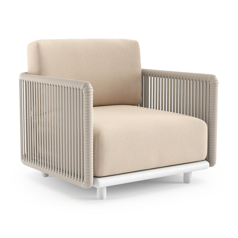 Organo loungestoel in wit aluminium en beige verticaal geweven luxe vlakke rope met heritage papyrus all weather Sunbrella® luxe kussen
