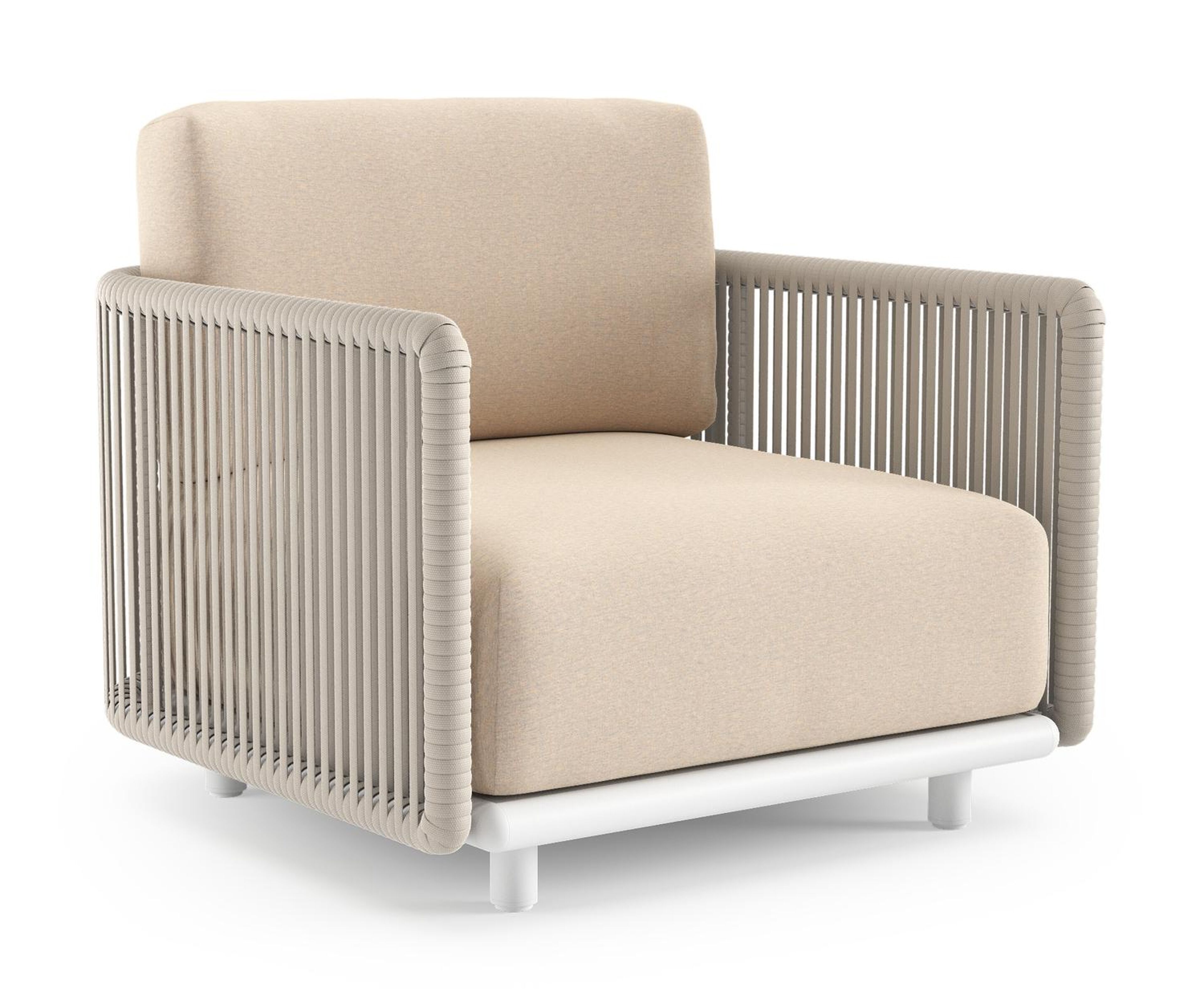 Organo loungestoel in wit aluminium en beige verticaal geweven luxe vlakke rope met heritage papyrus all weather Sunbrella® luxe kussen