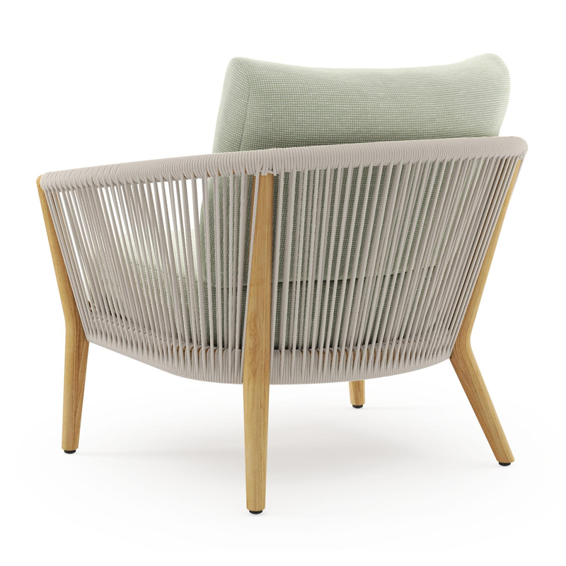 Orso loungestoel in teak en beige verticaal geweven ronde rope met Slow Spirea all weather sunbrella® luxe kussen