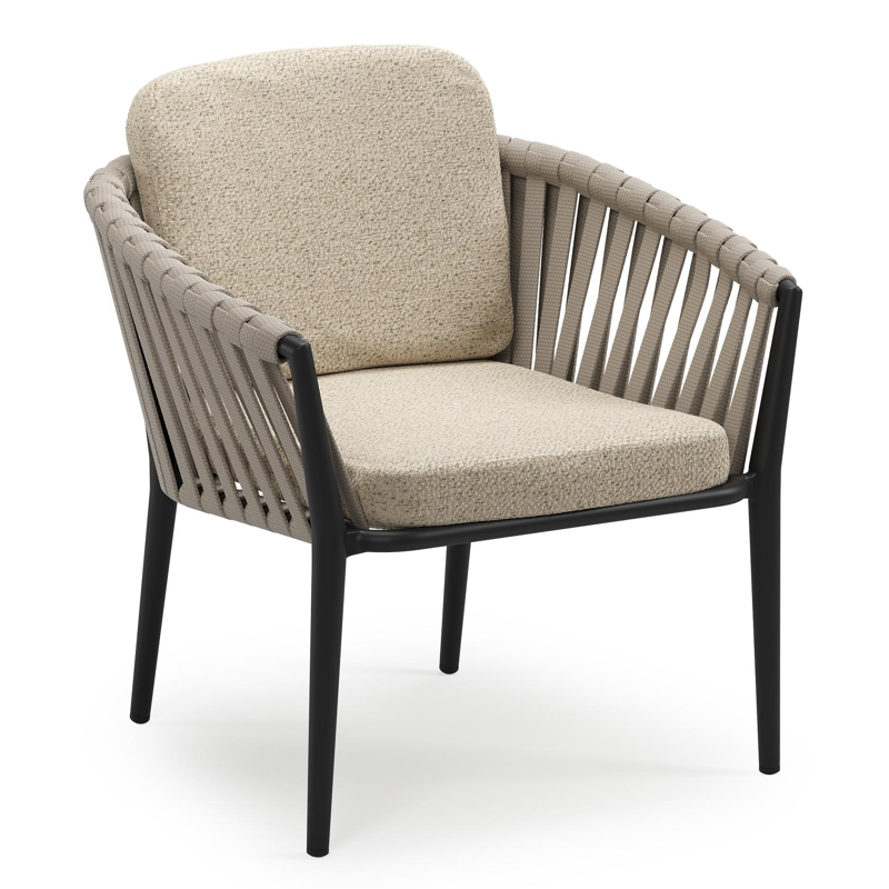 Orso low dining tuinstoel in zwart aluminium en beige verticaal geweven luxe vlakke brede rope met stoelkussen in All Weather Cosytica Bora Forest