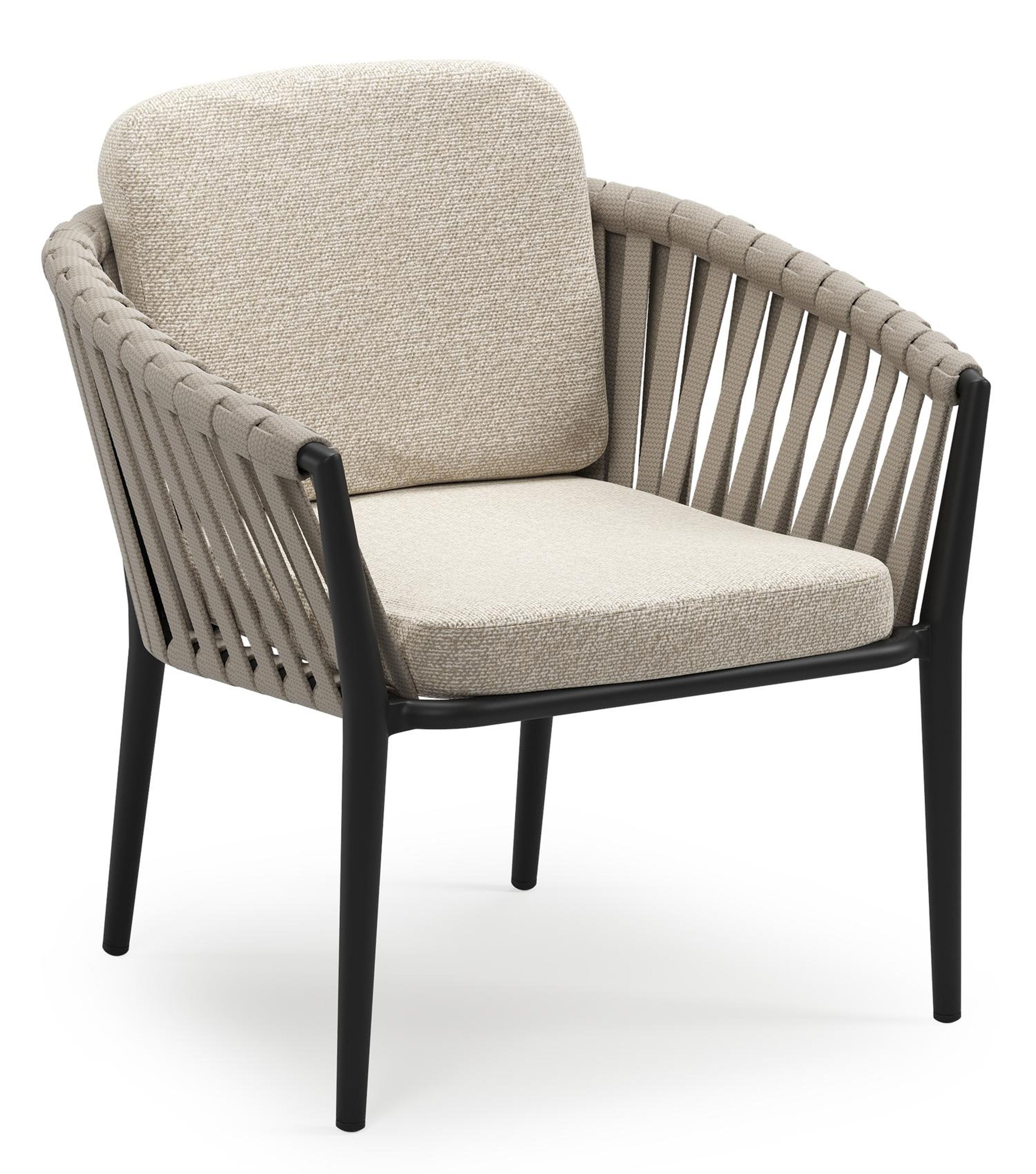 Orso low dining tuinstoel in zwart aluminium en beige verticaal geweven luxe vlakke brede rope met stoelkussen in All Weather Cosytica Marbella Ecru