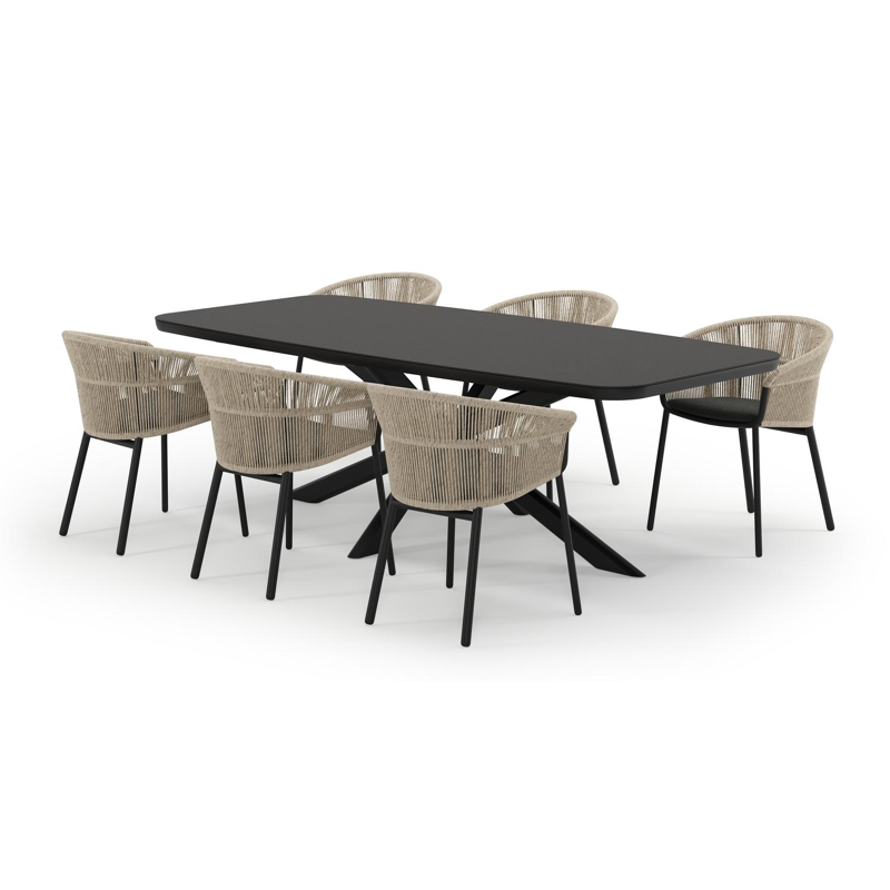 Pamplona bootvormige tuinset in zwart aluminium en sintered stone notte minerale met 6 Matera tuinstoelen