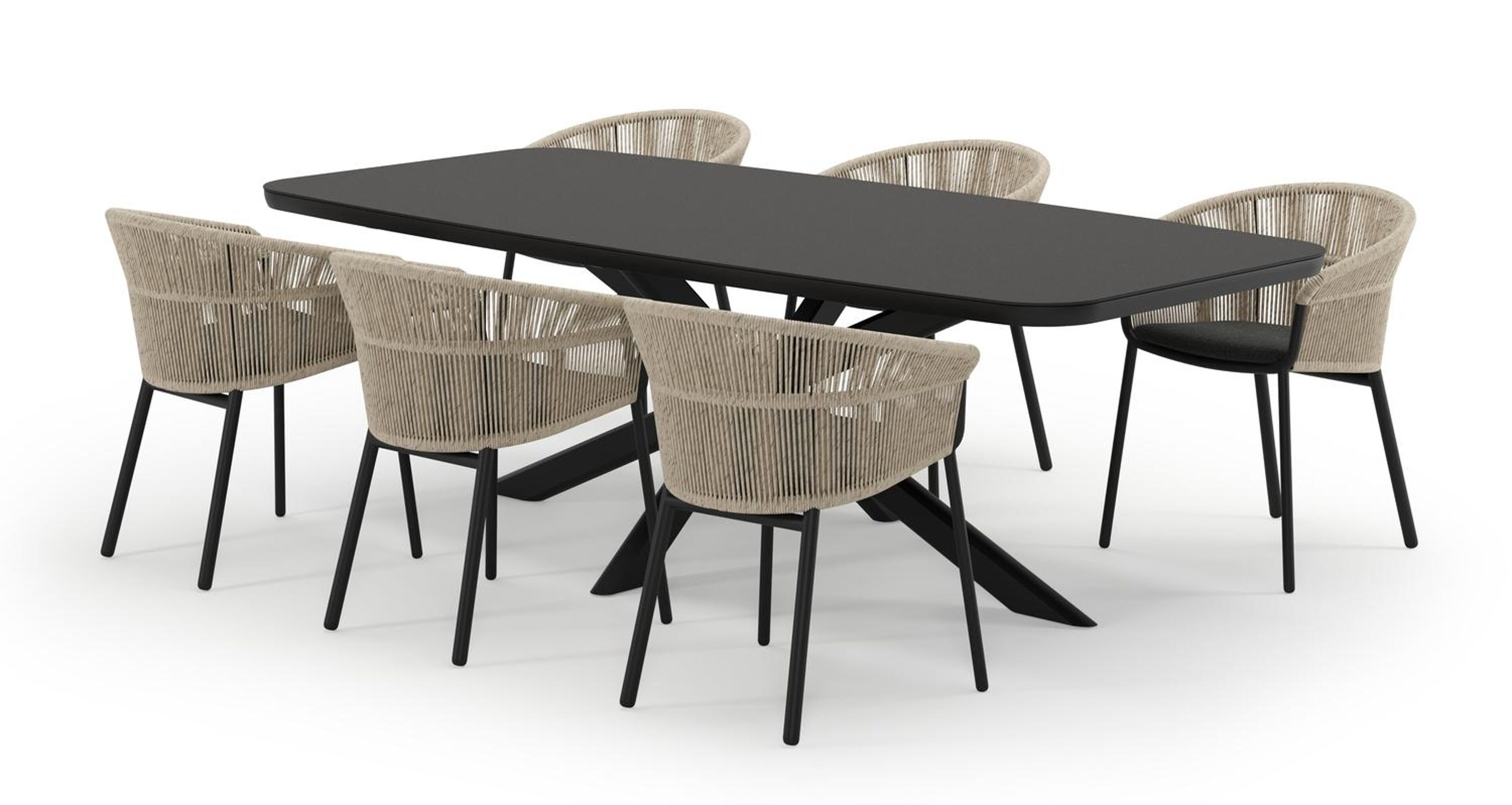 Pamplona bootvormige tuinset in zwart aluminium en sintered stone notte minerale met 6 Matera tuinstoelen