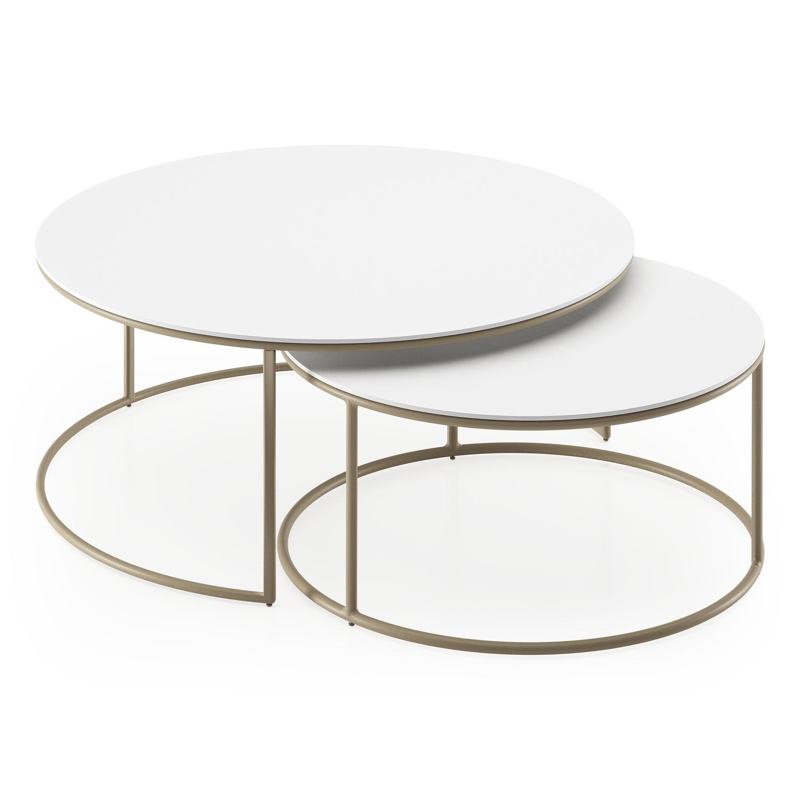Fano set van 2 loungetafels rond in beige aluminium en volkeramiek Arctic White - Dia. 85 x H 35 cm