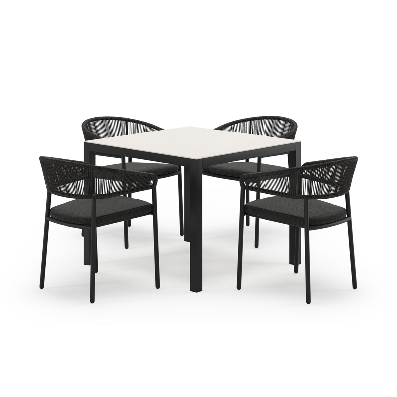 Feltro ensemble de jardin carré en aluminium noir en sintered stone crema minerale avec 4 chaises de jardin Zamora
